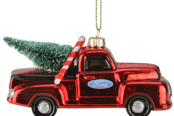 Red truck with christmas tree ornament